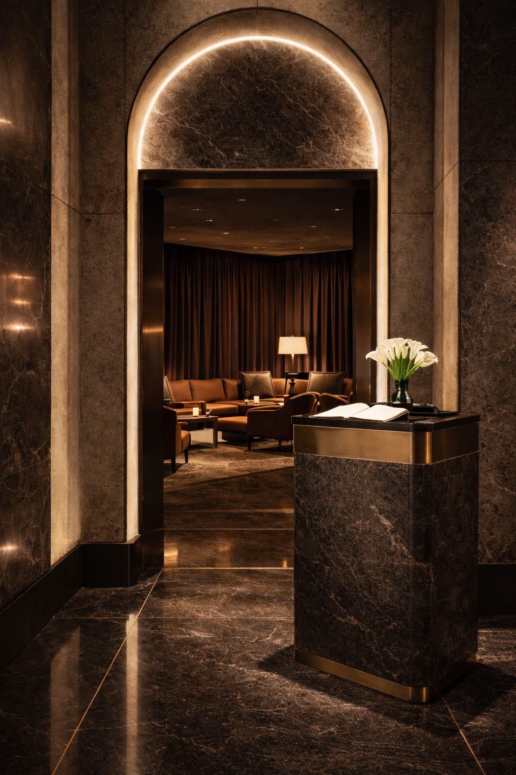 Elegant bar lobby with dark marble walls and floor, a reception desk with a vase of white calla lilies, and a cozy sitting area visible through an arched doorway with brown curtains, a floor lamp, and seating.