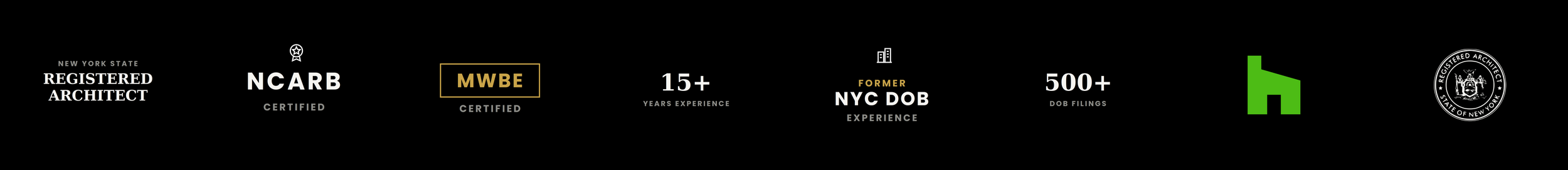 An infographic highlighting an architect's credentials and experience, including certifications, years of experience, and filings.