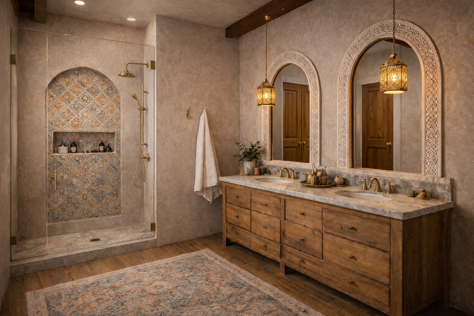 A bathroom with a double wooden vanity, marble countertop, and two mirrors with intricate white frames. Two hanging lantern-style lights are above the mirrors. To the left, there is a glass-enclosed shower with a carved tile niche and brass fixtures, and a white towel hangs on a hook beside the vanity. A plant and decorative items are on the vanity, and an ornate rug is on the wooden floor.