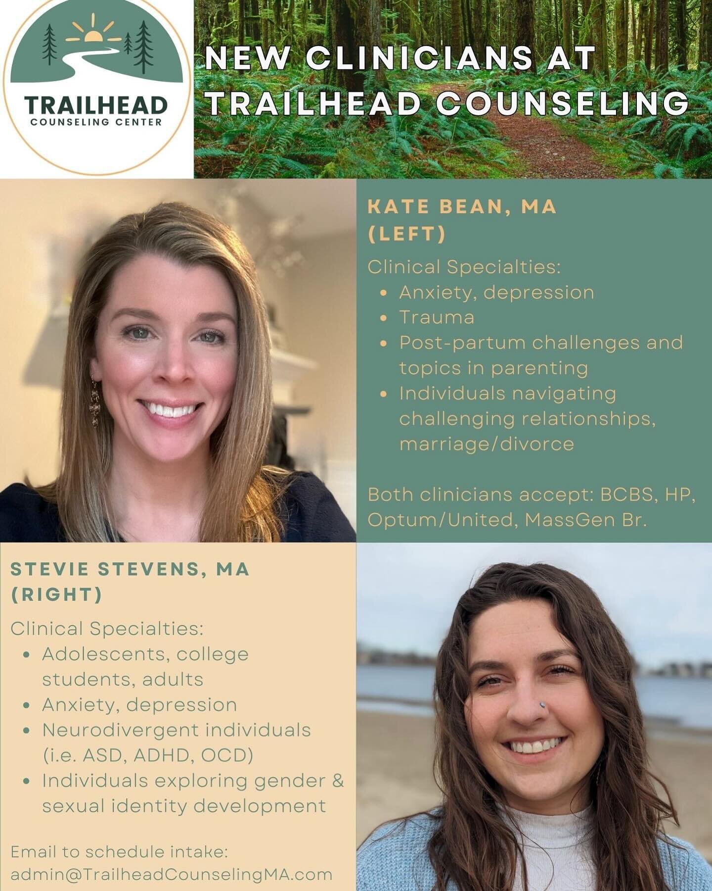So excited to welcome two clinicians to the Trailhead Counseling team!! ✨✨Currently accepting referrals for in person, walk-and-talk and virtual appointments. ✨