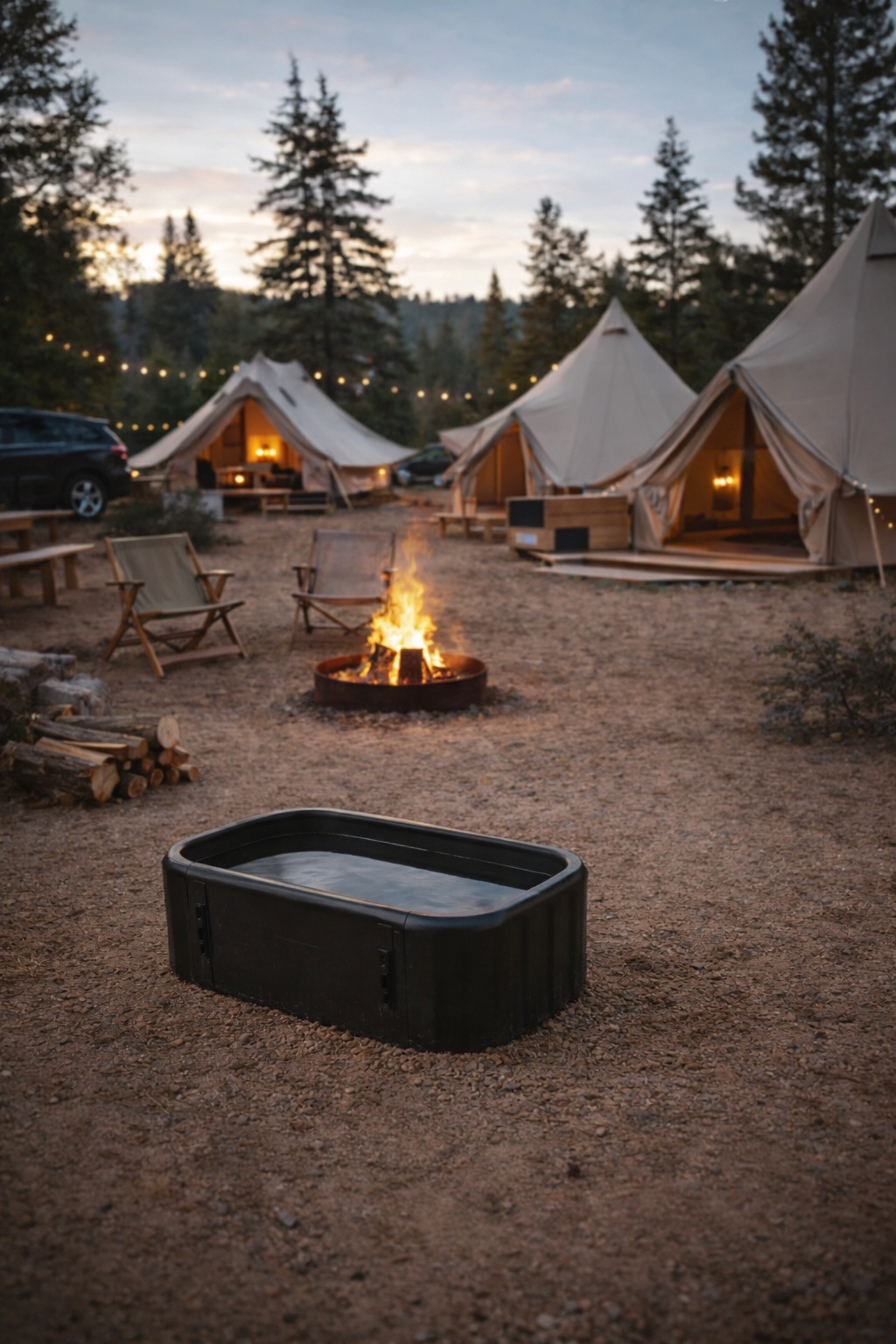 Tents set up in a forested area at dusk with a campfire in the center, string lights hanging overhead, and a hot tub in the foreground.