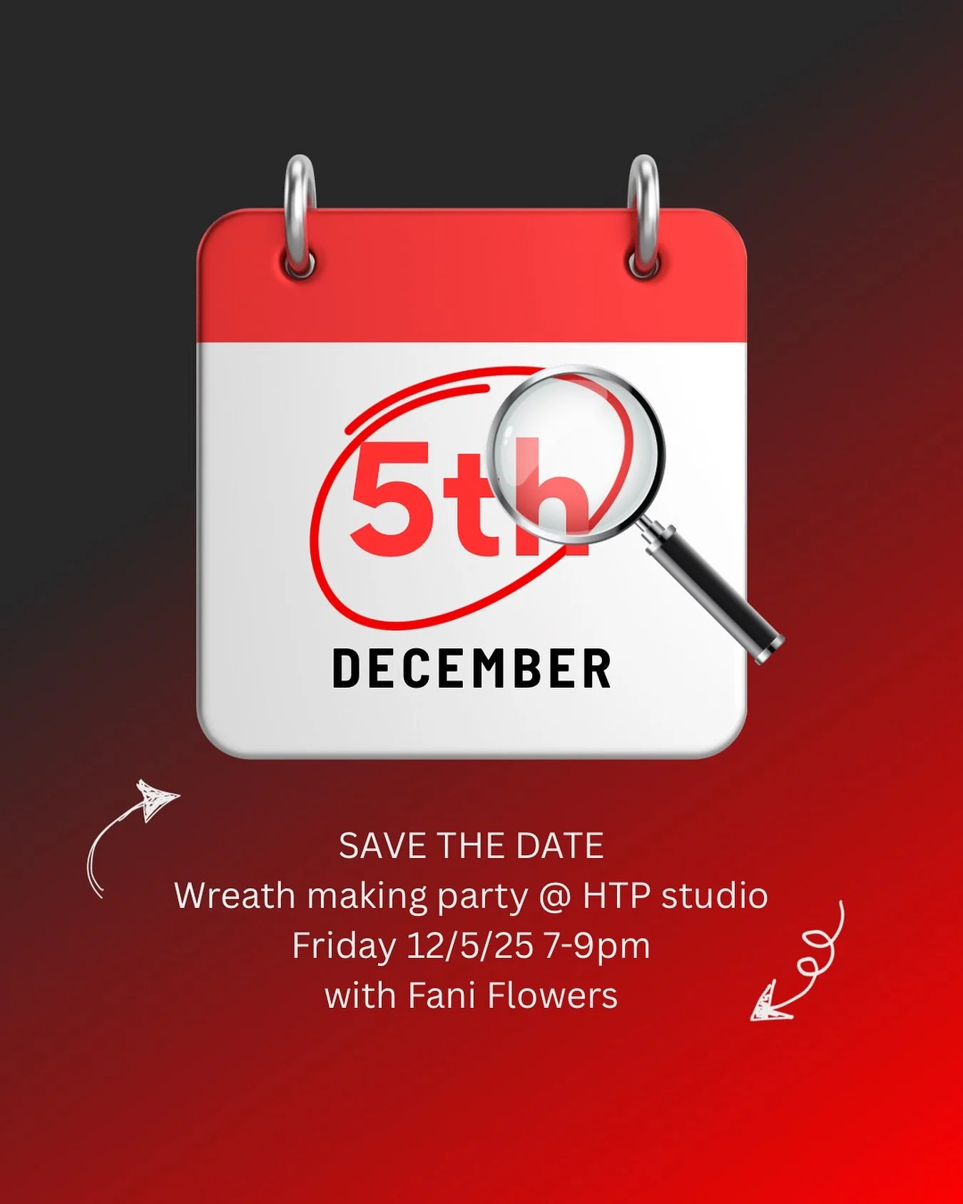 Save the date!  12/5/25. 7-9pm. Adult wreath making at the studio with the amazing @fani_flowers_llc teaching us how to make beautiful Christmas wreaths for our doors!  Stay tuned for more info!  It&rsquo;s BYOB! ;-)