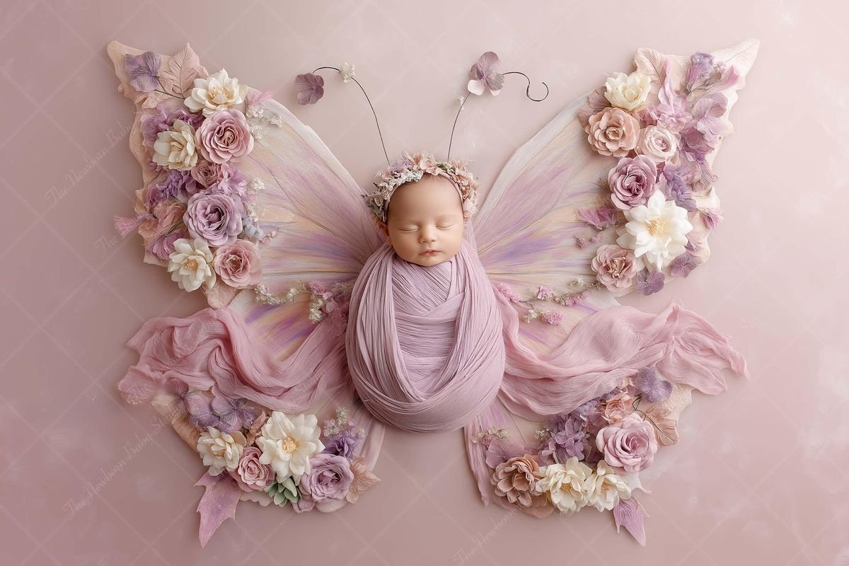 A sleeping baby dressed as a fairy butterfly, with pink and purple wings, a floral headband, and surrounded by soft pink and purple flowers on a light pink background.