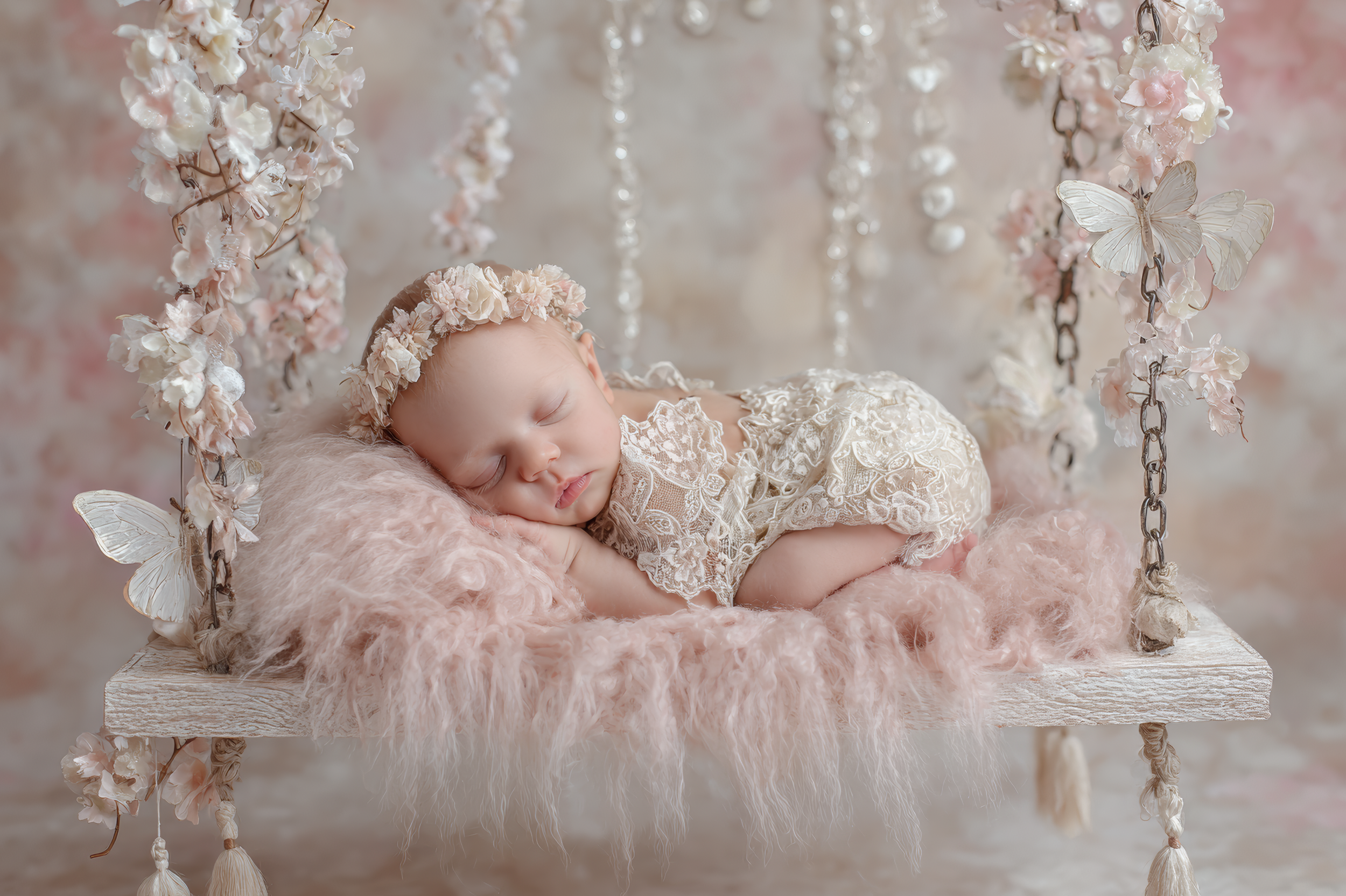 A sleeping baby with a floral headband, lying on a pink fluffy blanket in a decorative swing with flower and butterfly embellishments.