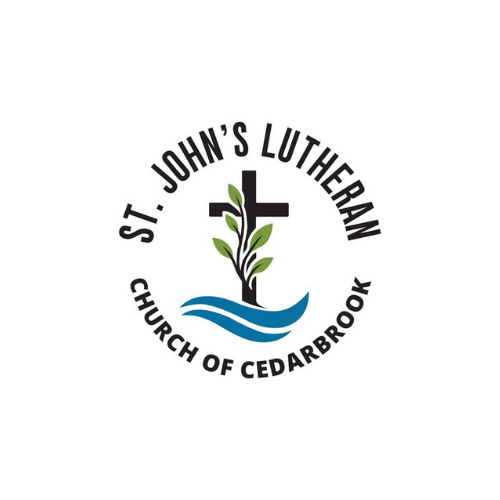 Logo for St. John's Lutheran Church of Cedarbrook featuring a cross with green leaves, waves below, in a circular arrangement with the church's name around it.