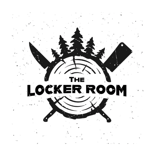 Logo for 'The Locker Room' featuring three pine trees, a tree cross-section, a knife, and a meat cleaver.