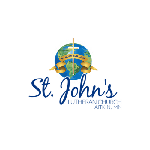 Logo for St. John's Lutheran Church in Aitkin, Minnesota, featuring a globe, a sword with a banner reading "By Word and Deed," and text displaying church name and location.