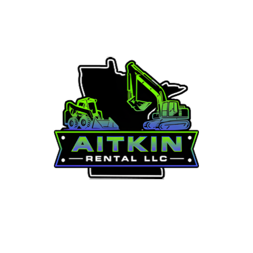 Lawn equipment logo featuring the silhouette of Nebraska, with a bulldozer and an excavator, and text that reads 'AITKIN Rental LLC' in green and blue.