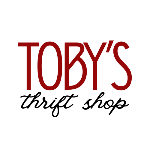 Logo for Toby's Thrift Shop with the text "Toby's" in large red letters, and "thrift shop" in smaller black cursive below.