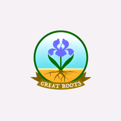 A logo with a purple flower growing from the ground, roots visible underneath, encircled by a blue sky background, and a brown ribbon at the bottom with the text 'GREAT ROOTS'.