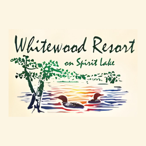 Logo of Whitewood Resort on Spirit Lake with trees, ducks, and a sunset over the water.