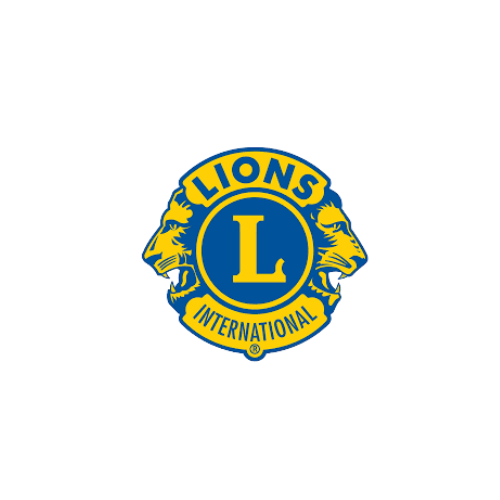 Lions International logo featuring two lions facing opposite directions with a blue and yellow color scheme and a central letter "L".