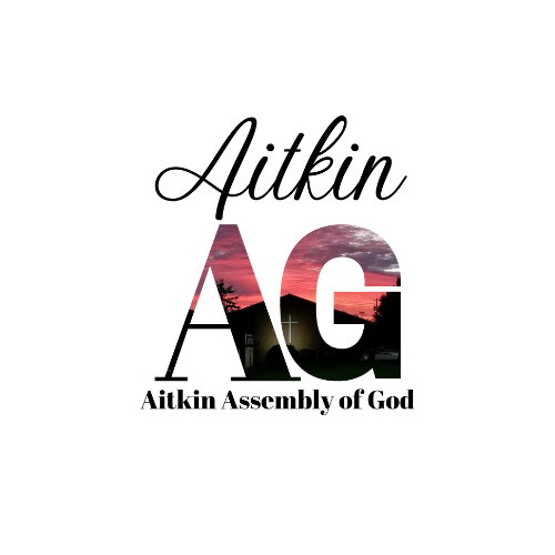 Logo for Aitkin Assembly of God featuring the words "Aitkin AG" with a sunset and silhouette of a church inside the letters.