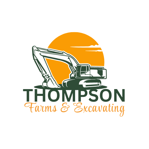 Logo for Thompson Farms & Excavating featuring an excavator with a sunset in the background.