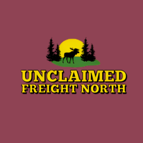 Logo with a moose silhouette, pine trees, and a sunset or sunrise in the background. Text reads "Unclaimed Freight North" in bold yellow letters.