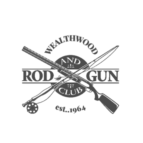 Logo for Vealthwood Rod and Gun Club with crossed fishing rod and rifle, established in 1964.