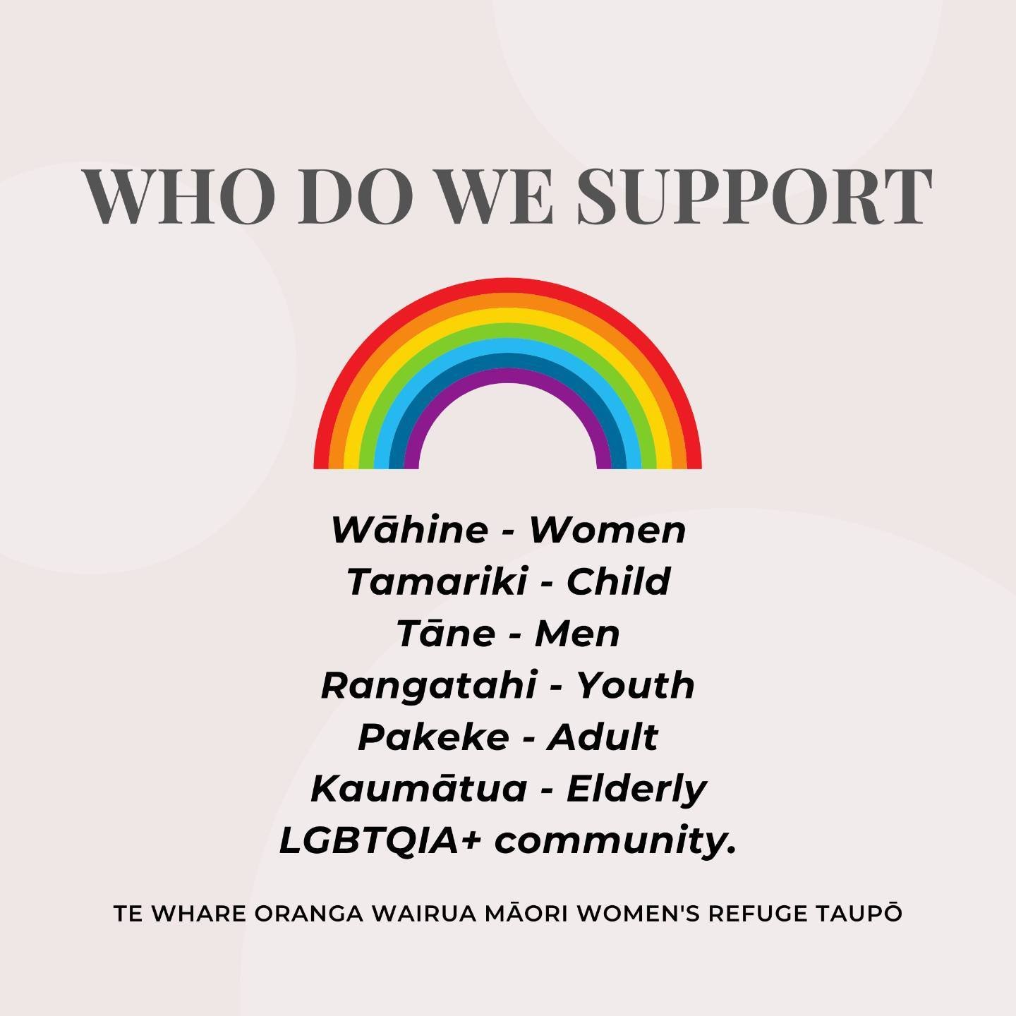Who do we support?

Te Whare Oranga Wairua is a Māori Women&rsquo;s Refuge service supporting our&hellip;
Wāhine - Women
Tamariki - Child
Tāne - Men
Rangatahi - Youth
Pakeke - Adult
Kaumātua - Elderly
LGBTQIA+ community.

www.twowrefuge.org.nz