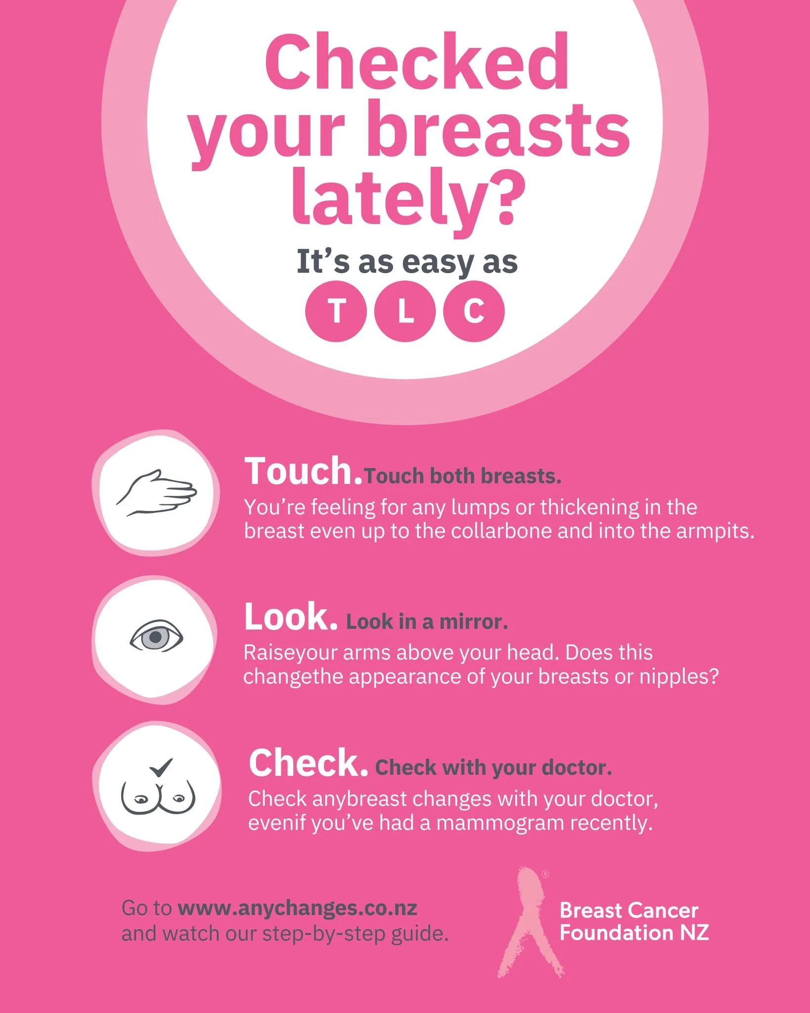 October is International Breast Cancer Awareness Month, the perfect reminder to support Breast Cancer Foundation NZ on its mission for zero deaths from breast cancer.

Have you done your TLC check lately? TLC = Touch, Look, Check... get to know the n