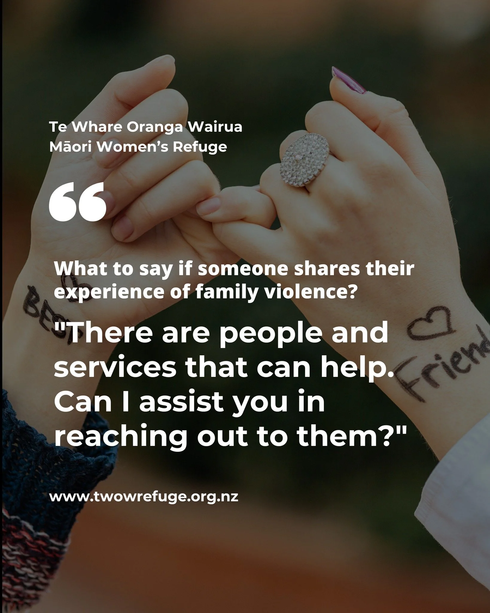 💜 How to Support Someone Experiencing Family Violence 💜

When someone confides in you about family violence, offering help and support is crucial. You can say:

"There are people and services that can help. Can I assist you in reaching out to 