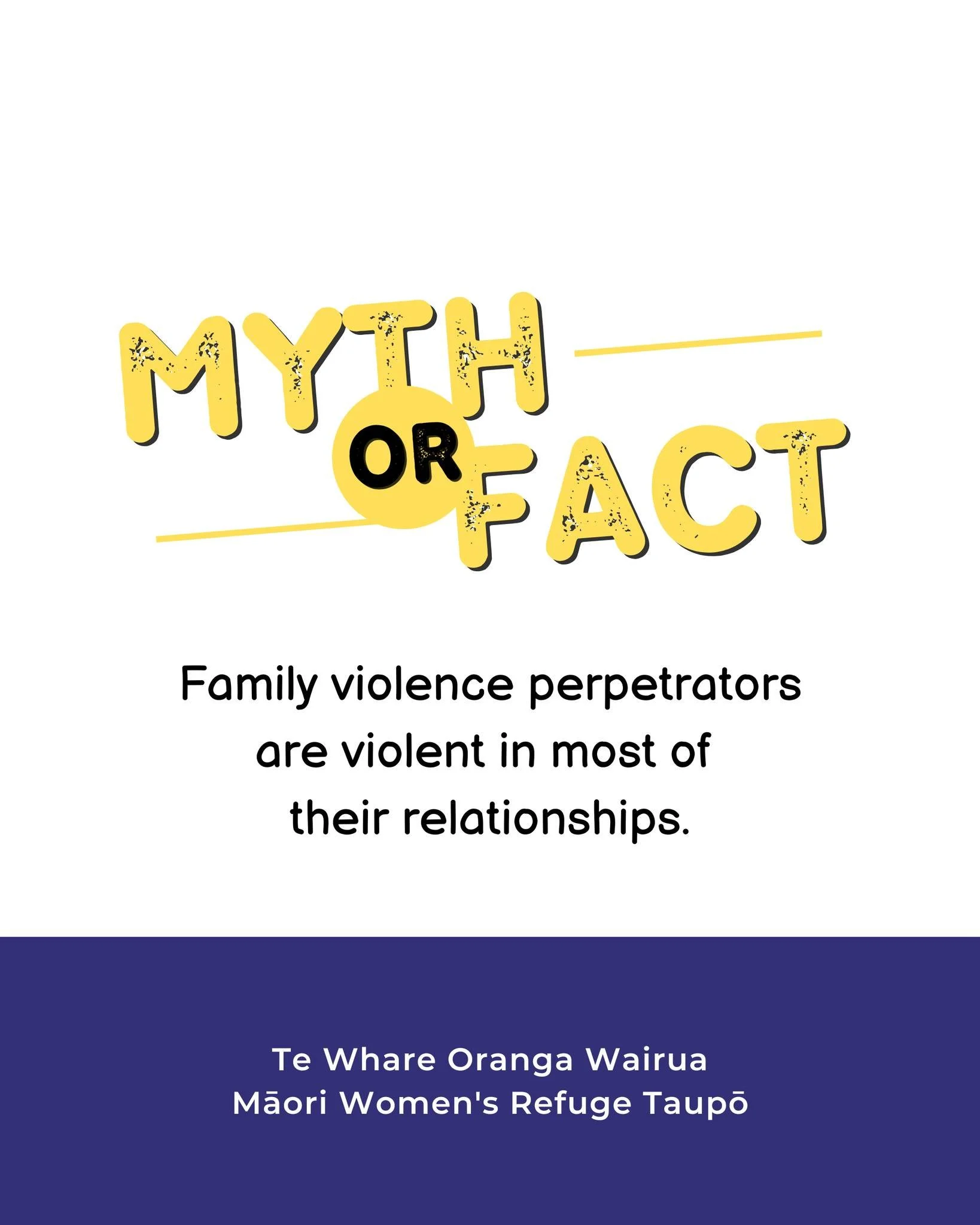 Myth or Fact? 🤔 Family violence perpetrators are violent in most of their relationships. 

Myth! Those who choose to use violence often present themselves as charming, caring individuals in interactions with others and the abuse is only targeted at 