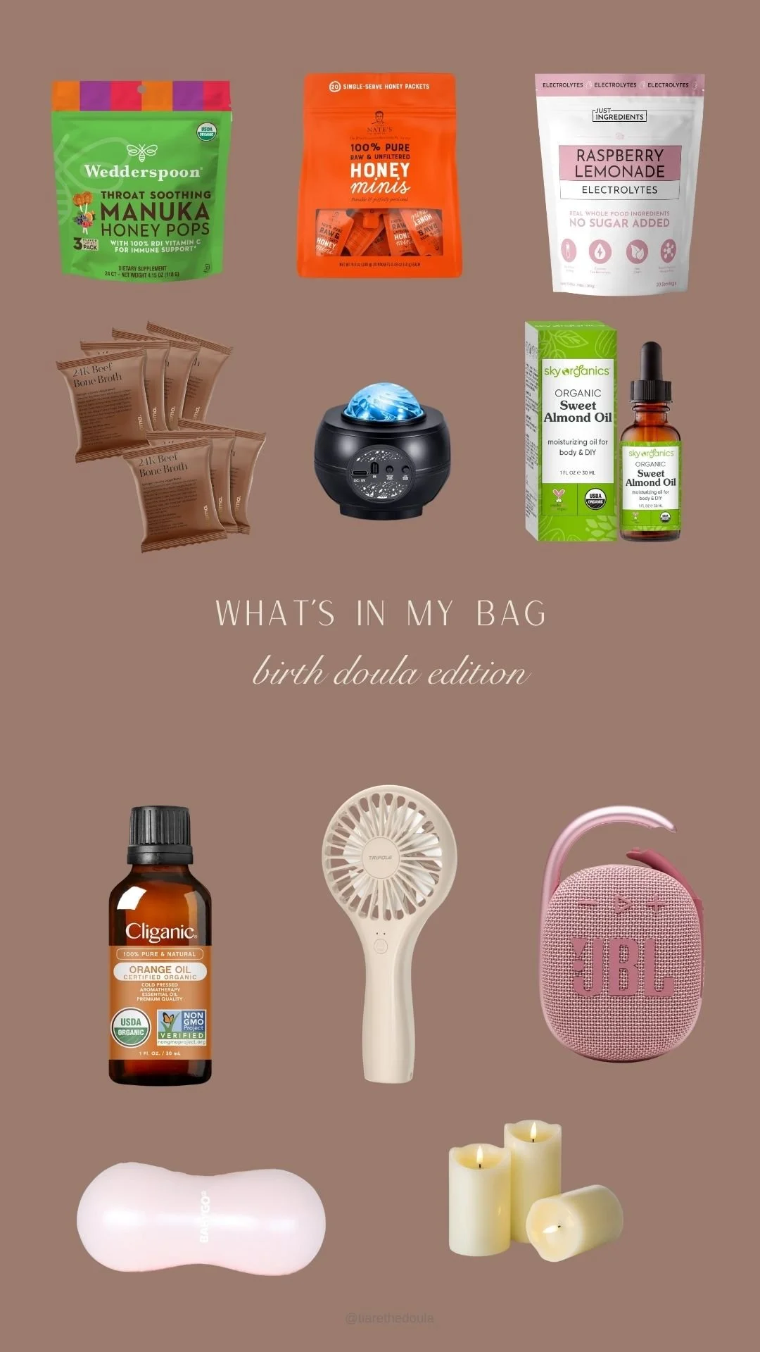 birth doula must haves, essential oil, massage oil, heat pad, electrolytes, fan, peanut ball, birth ball