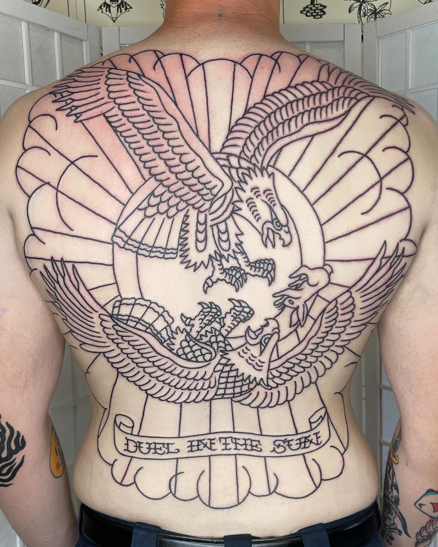 Lined Des&rsquo; back a few days ago. I&rsquo;m honored to start this legendary back piece originally worn by Lyle Tuttle, tattooed by Bert Grimm.