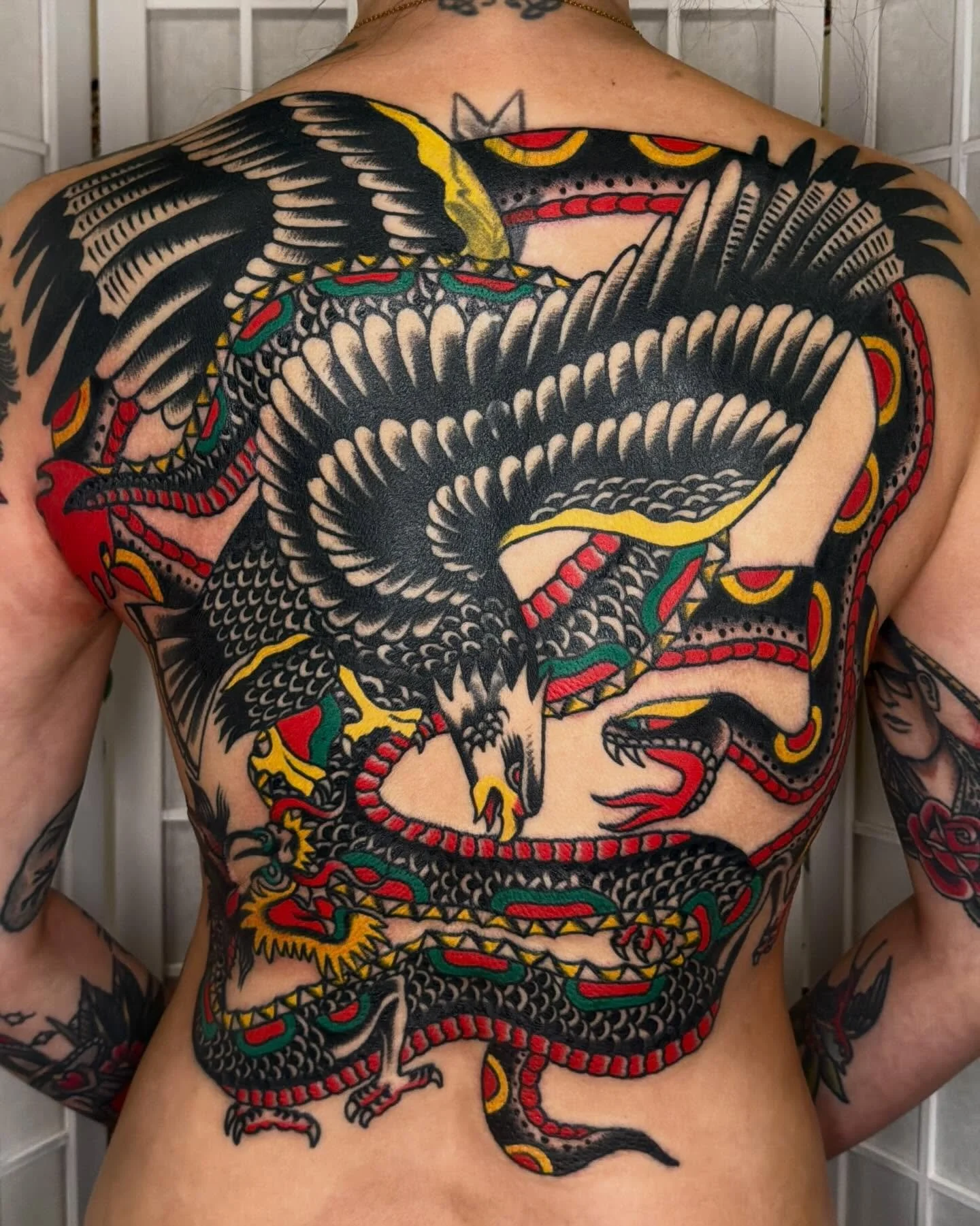 Noelle sat tough for this 11 hour battle royale picked from a painting I made. Thank you for your trust 🤝 made at Vancouver&rsquo;s finest 🕉️ @showtimetattooco ☮️