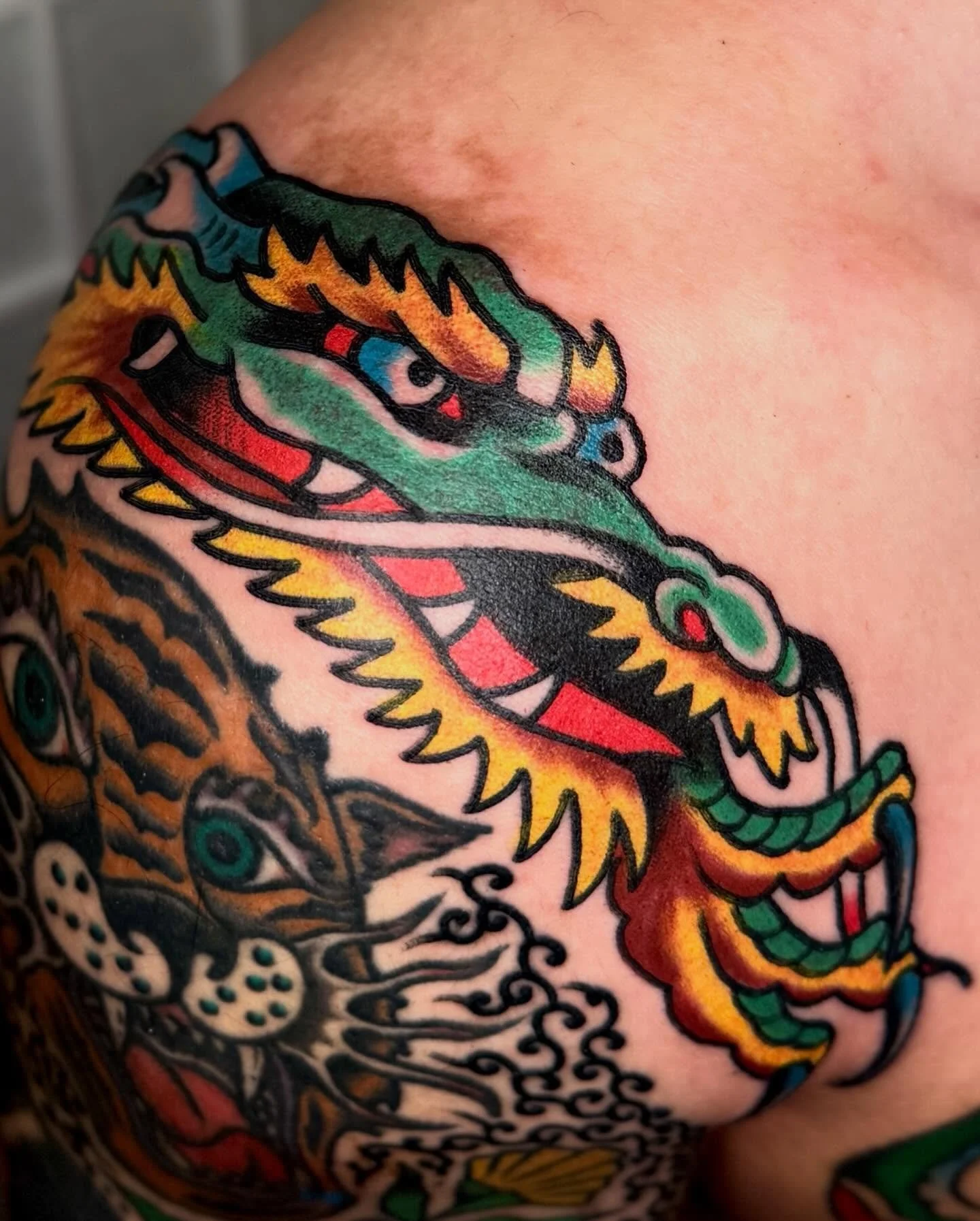 Capped off Mino&rsquo;s sleeve with this dragon the other day at Vancouver&rsquo;s 🐉 @showtimetattooco 🕉️