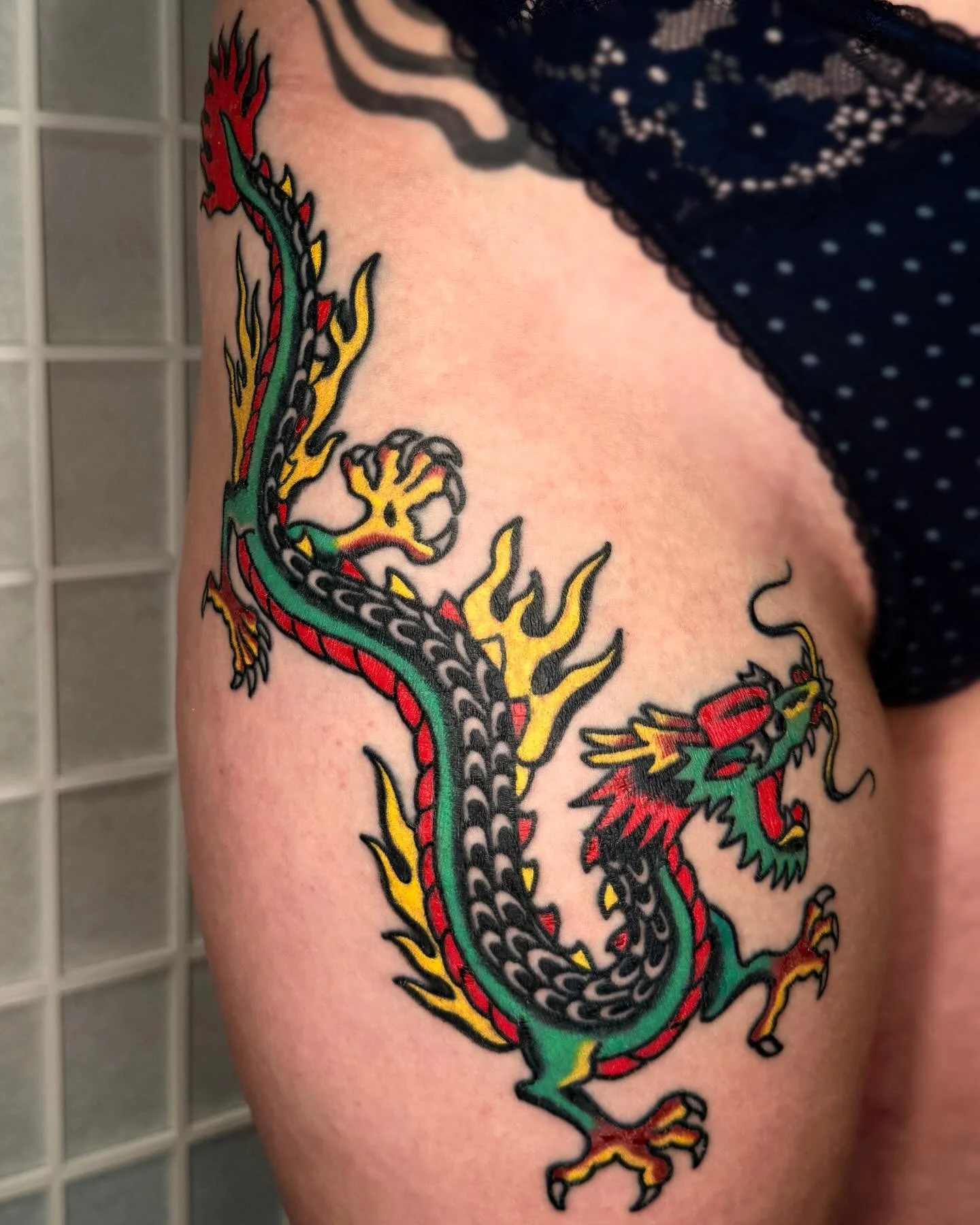 1 week into healing these matching dragons for Jem! Made at &clubs;️&diams;️ @showtimetattooco &spades;️&hearts;️