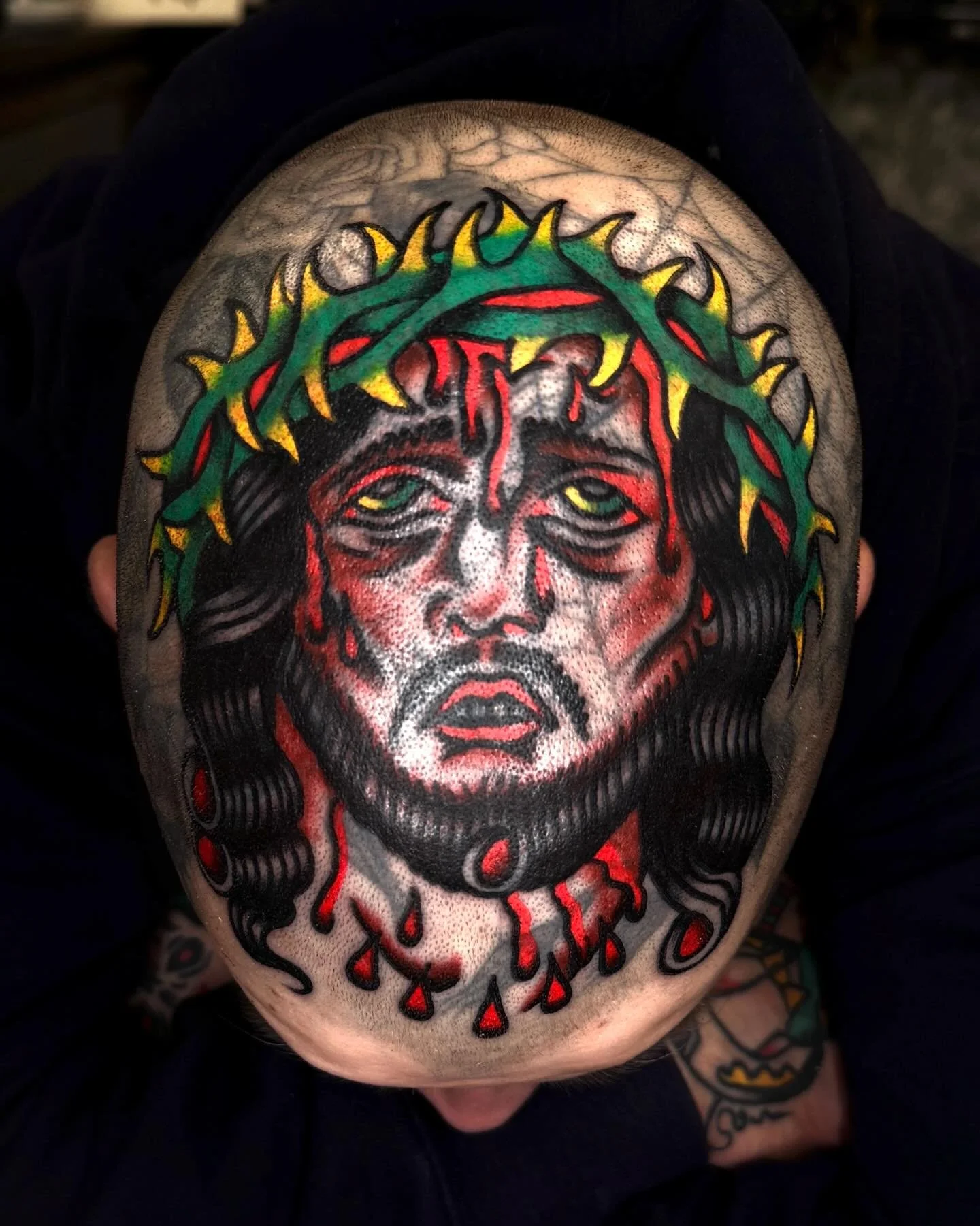 Blast over on my good friend @whomemikeg &lsquo;s dome. Thanks for trusting me with this one big dawg ✝️ made at @showtimetattooco ☮️🕉️