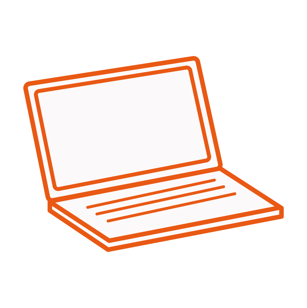 Illustration of an open laptop with a blank screen and keyboard outlined in orange.