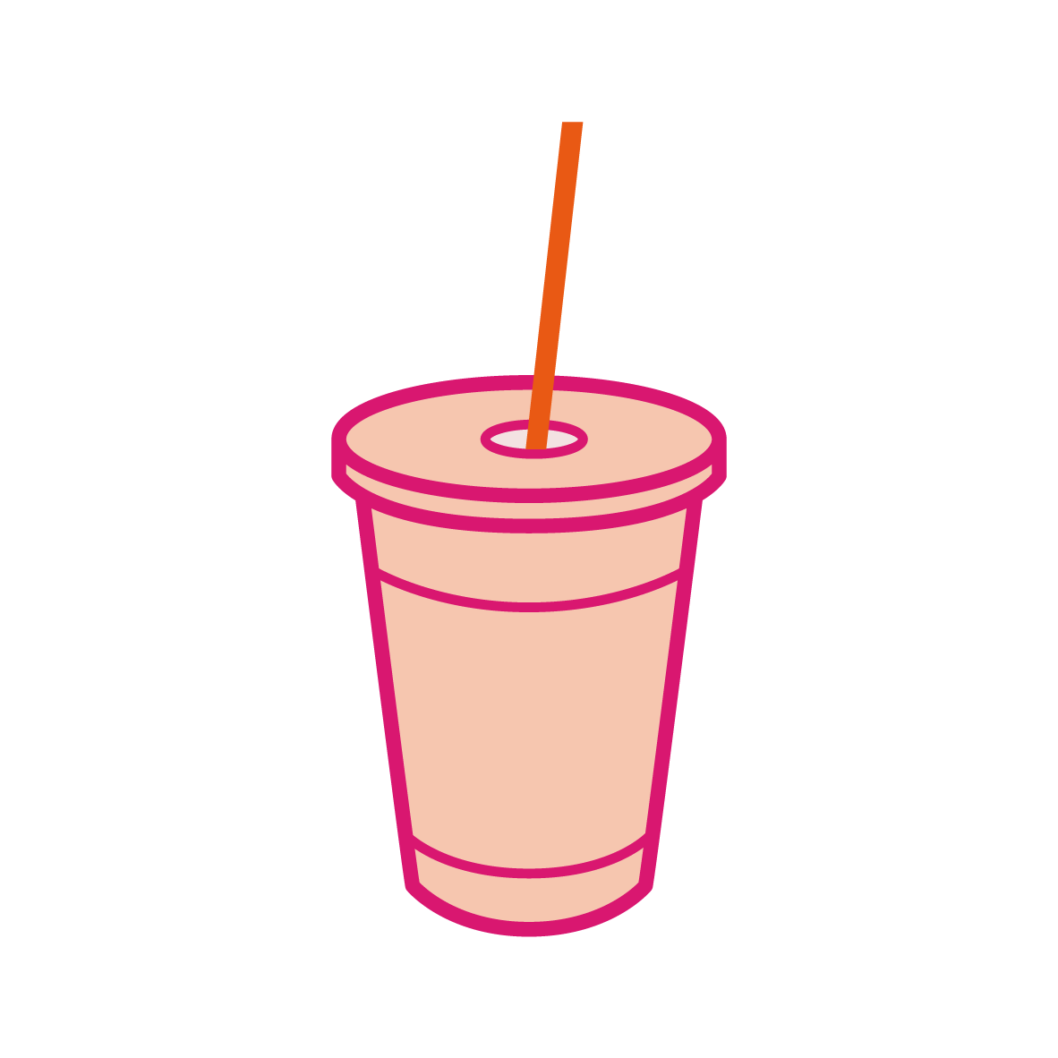 Illustration of a pink disposable cup with a lid and straw.