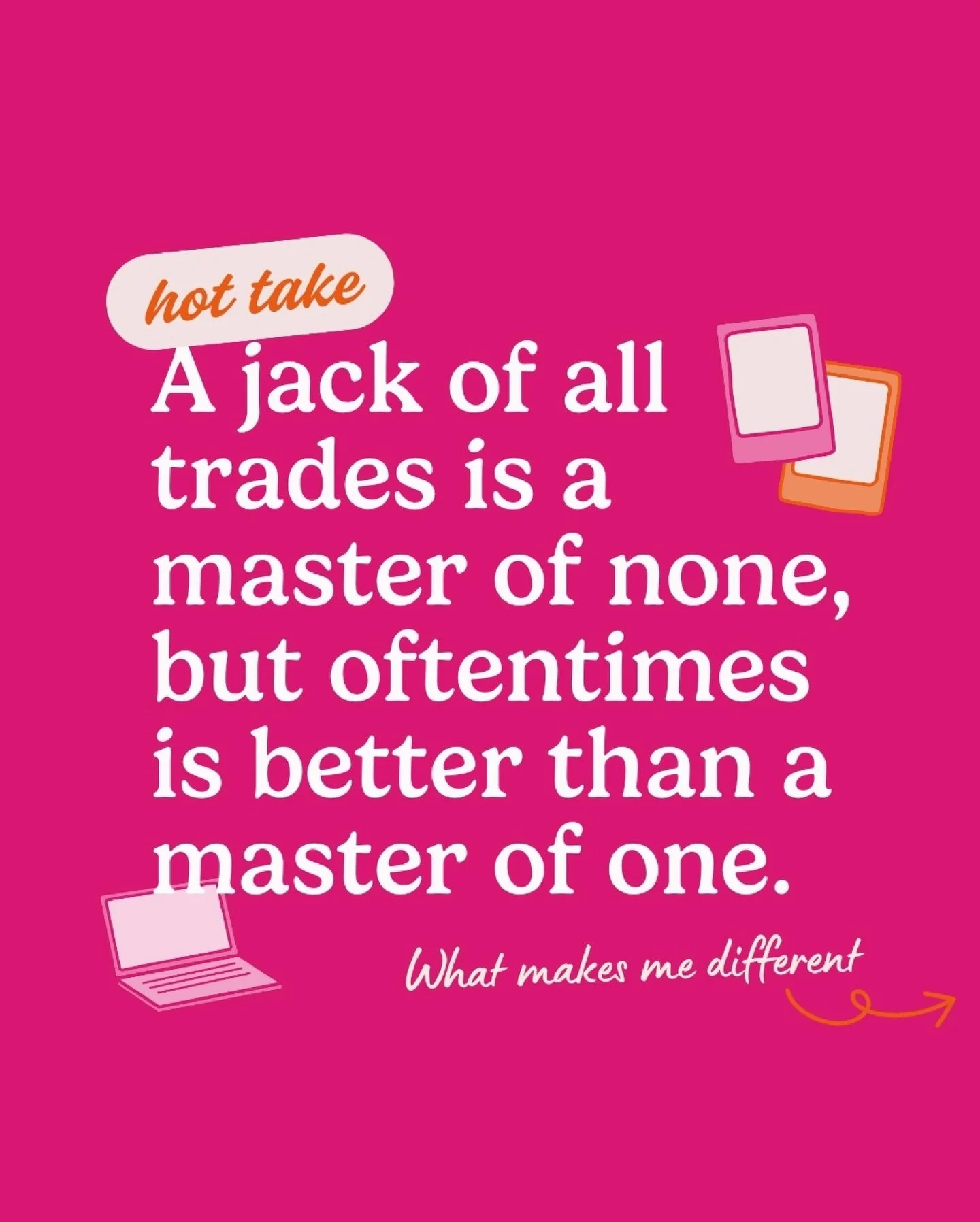 Surely dealing with one creative brain is better than dealing with 3? 🧠
 
In business, you need to use photos, video and design to promote yourself. Your visuals need to reflect your vibe, be cohesive and recognisable. 
 
Que the headache of trying 