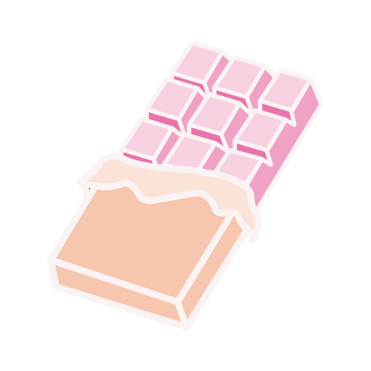 A pastel-colored illustration of a chocolate bar with pink and beige sections, featuring a partially unwrapped pink wrapper.