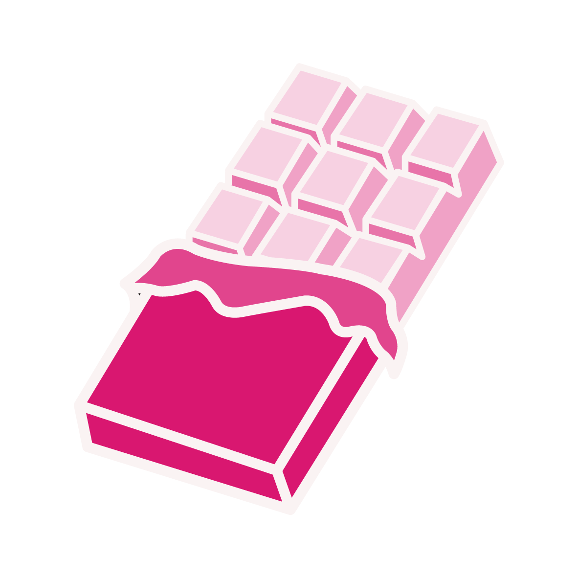 Stylized illustration of a partially unwrapped pink chocolate bar with some squares visible on the top.