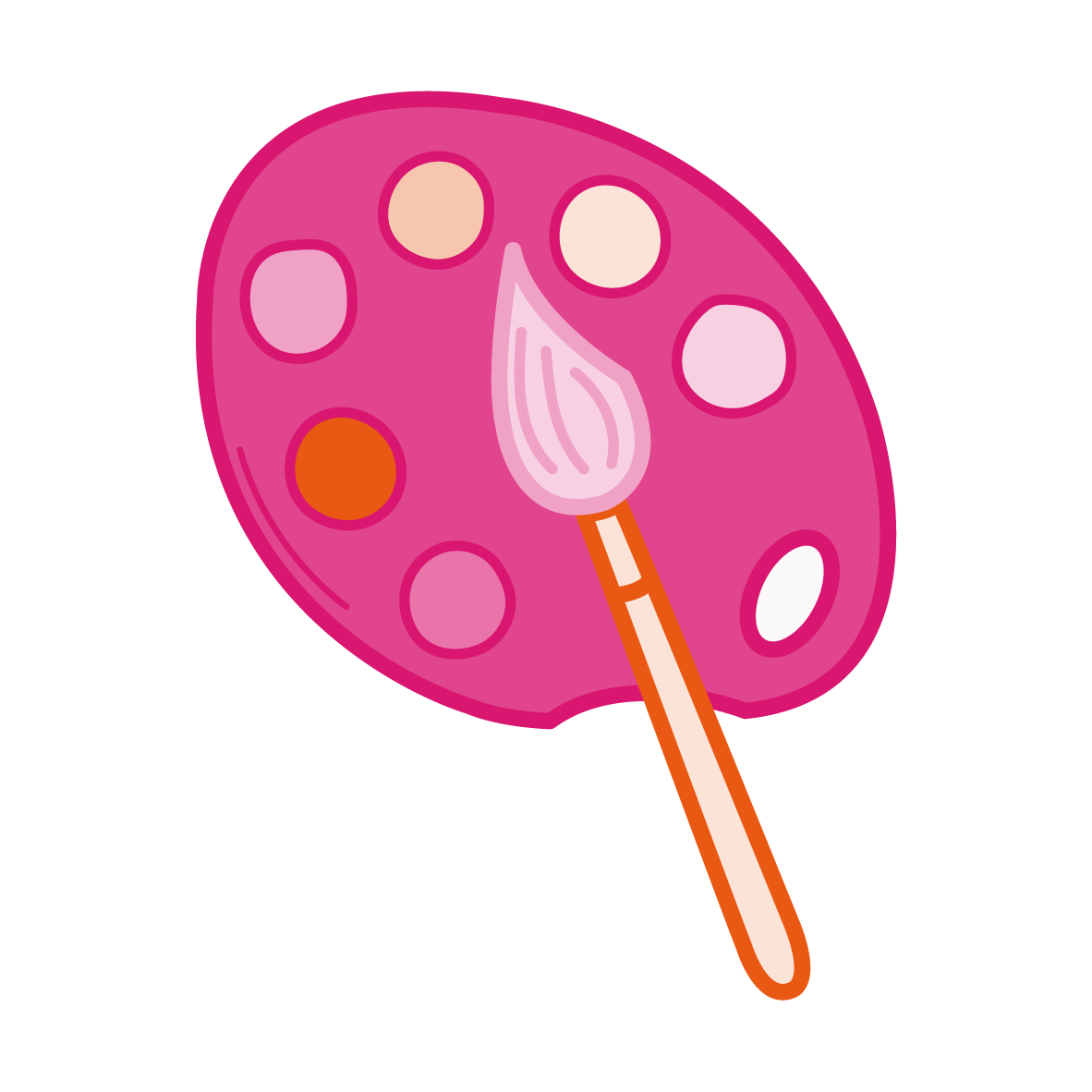 Illustration of a pink painter's palette with various color spots and a paintbrush with pink bristles and a wooden handle