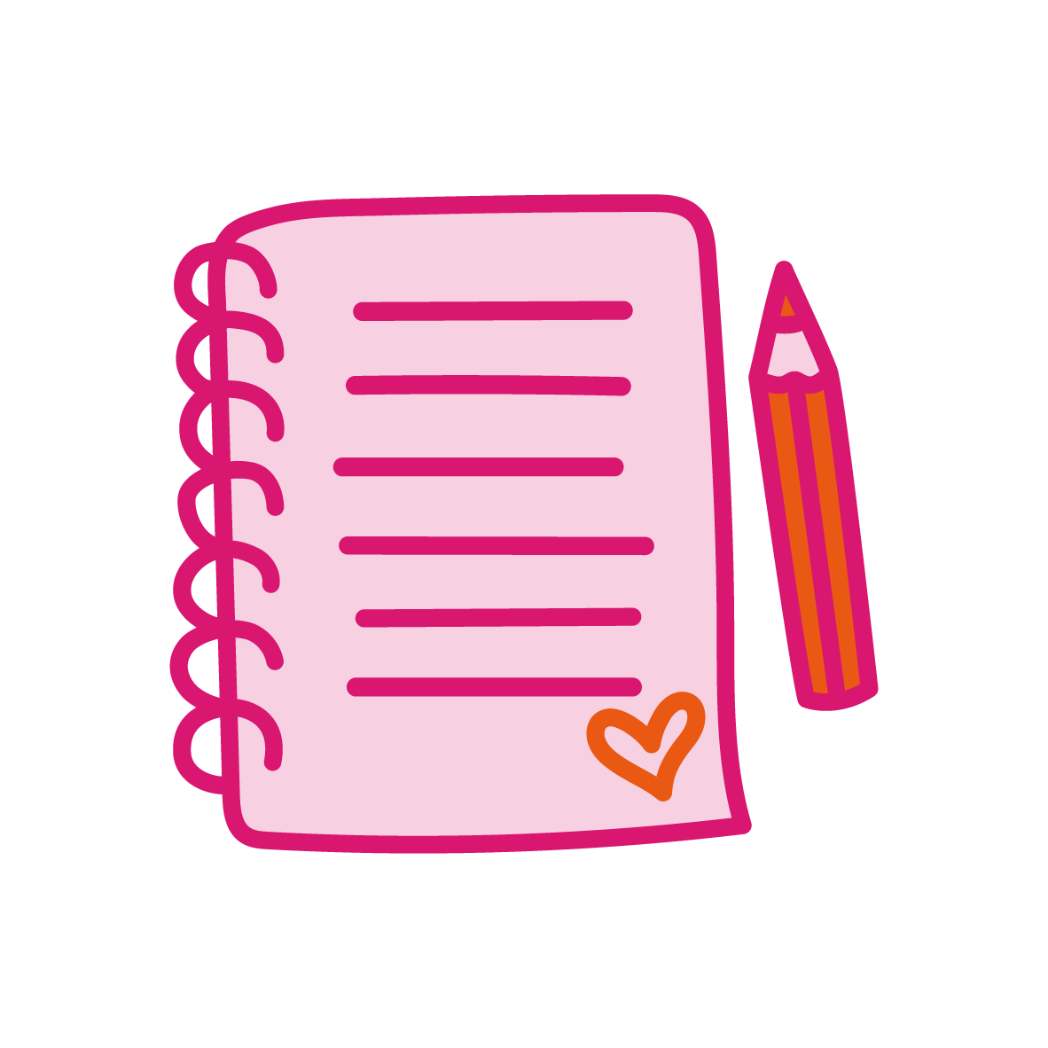 A pink spiral notebook with lines of writing, a heart at the bottom right corner, and a pink and orange pencil beside it.