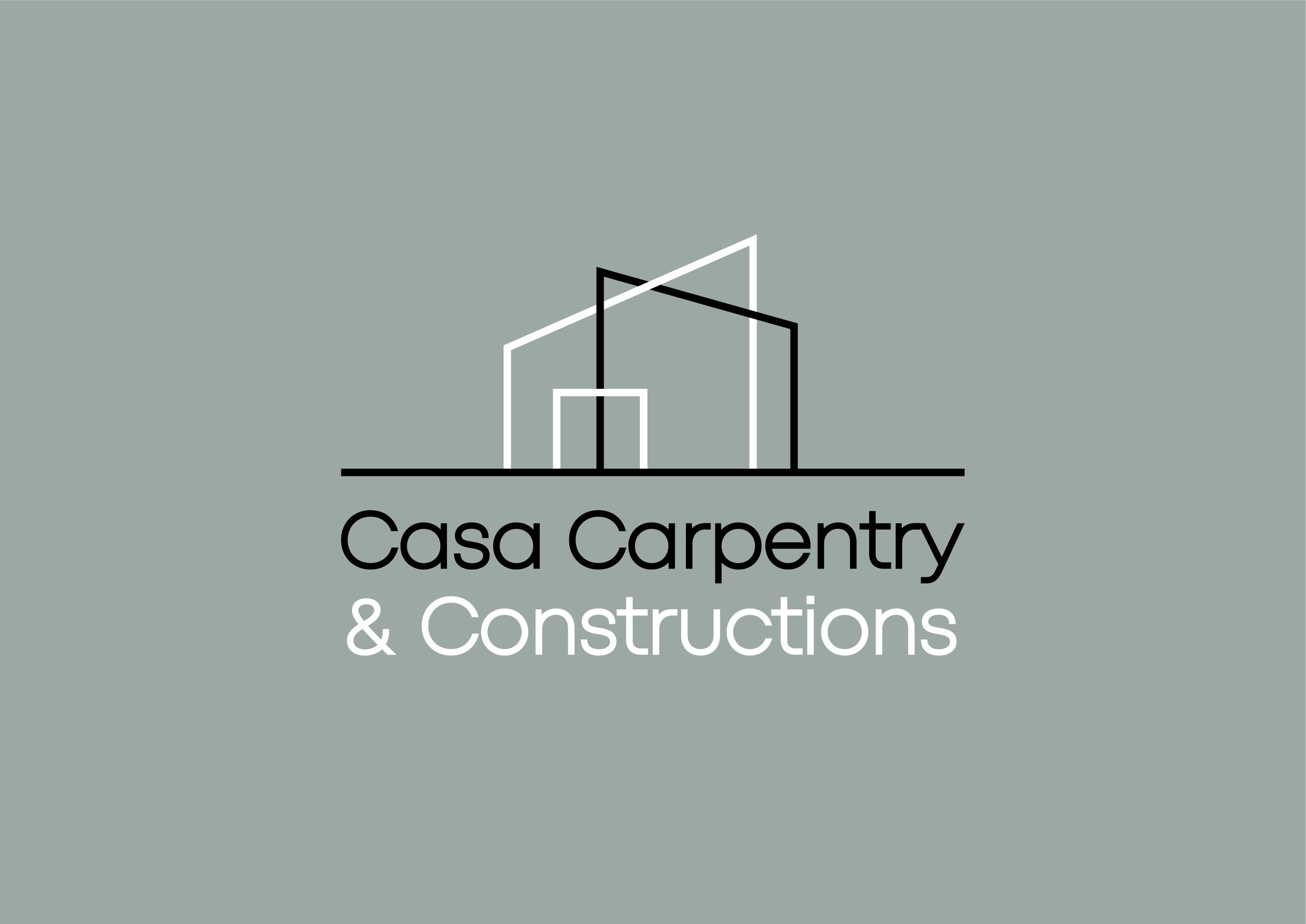 A logo for Casa Carpentry & Constructions featuring minimalistic black and white house outlines on a muted green background with the company name below.