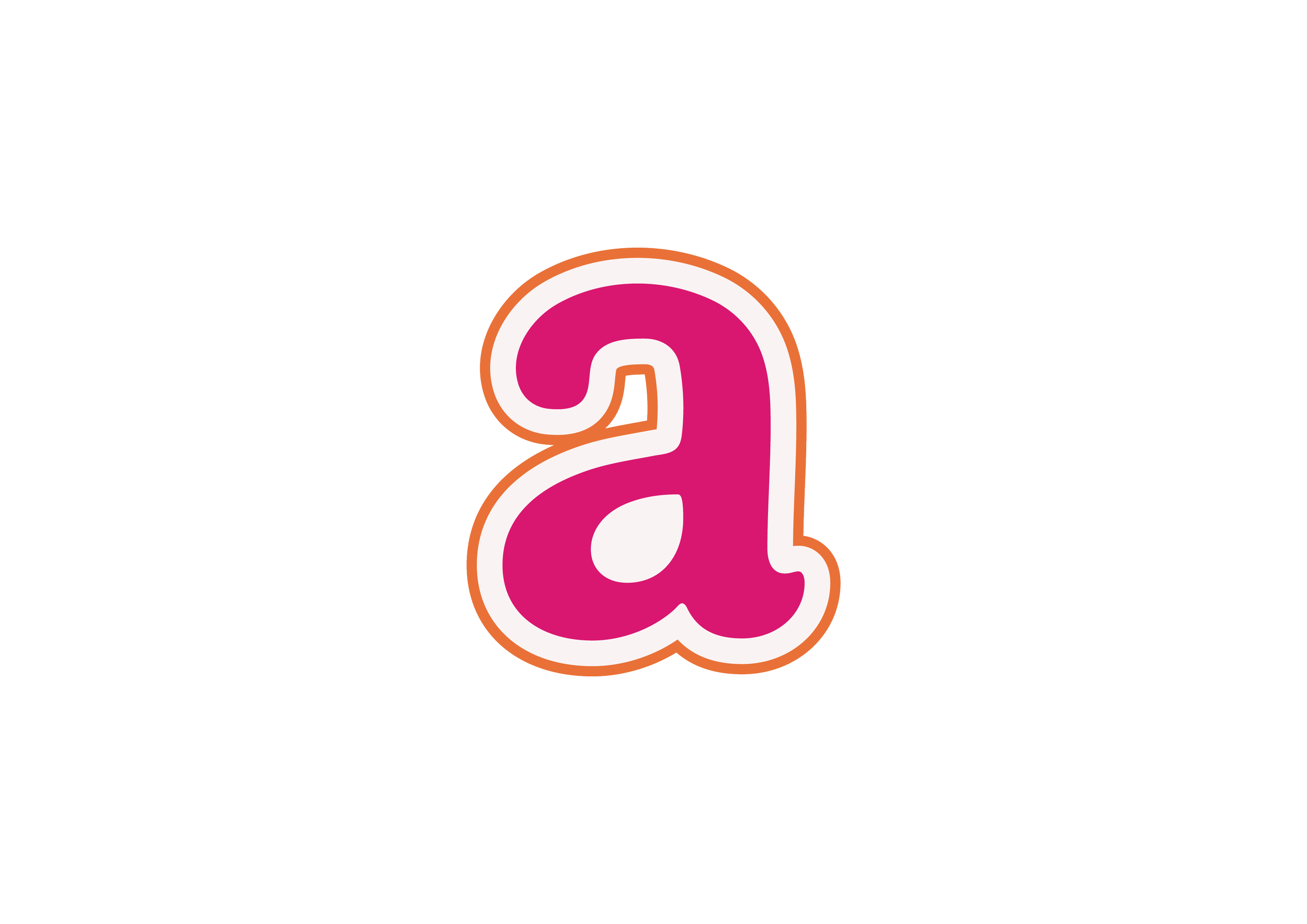 Pink lowercase letter 'a' with white and orange outline on a black background