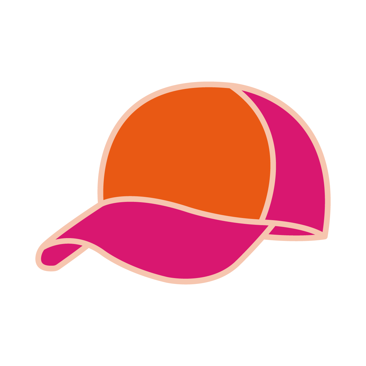 Colorful baseball cap with pink, orange, and coral sections on a black background.