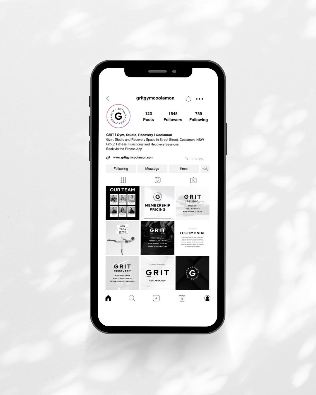 Instagram profile page for gritgymcoolamon on a smartphone, displaying the account's bio, posts, followers, following, and various social media images.