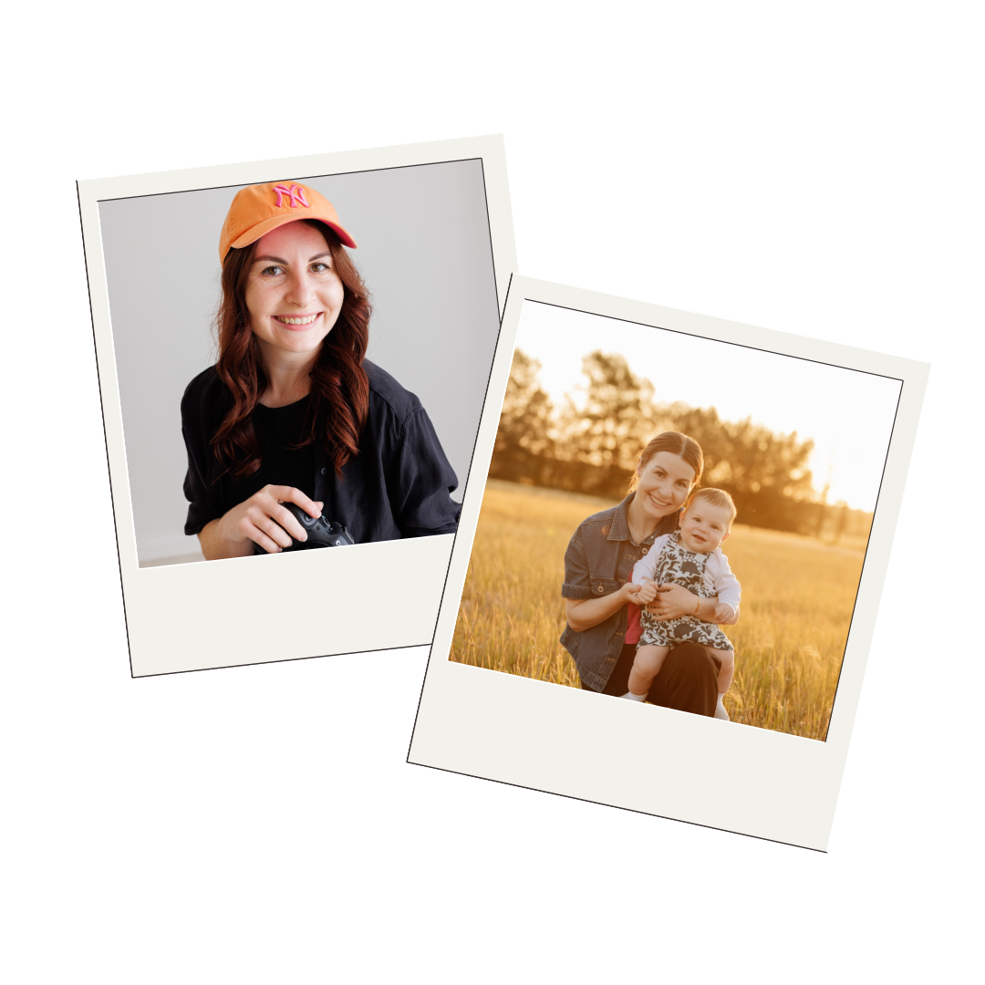 Two Polaroid-style photos; the first shows a woman with long red hair, a pink and orange cap, smiling and holding a camera against a plain background. The second shows a woman with dark hair, smiling, holding a young child in a field during sunset.