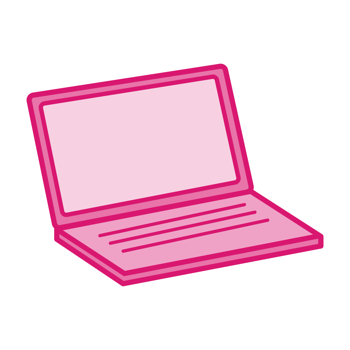 Pink cartoon style laptop computer with blank screen and keyboard.
