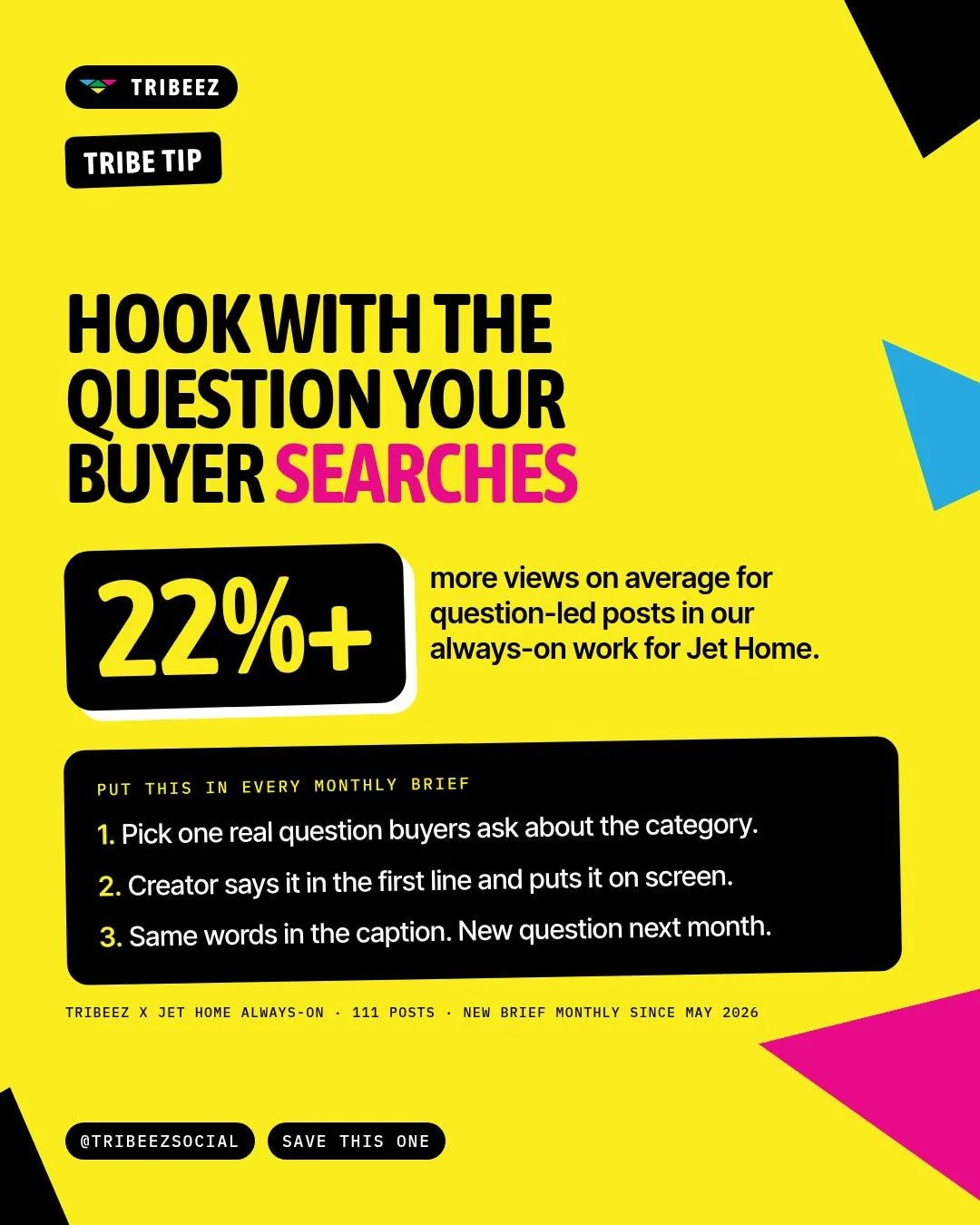 What does your buyer type into the search bar? 🔍

Tribe Tip: Hook with the question your buyer searches

Question-led posts average 22%+ more views in our always-on work for Jet Home 📈

Put this in every monthly brief:
1. One real question buyers a