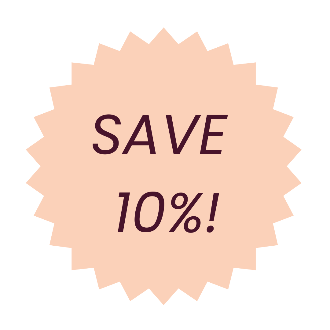 Pink starburst-shaped badge with the text "SAVE 10%!" in dark purple font.
