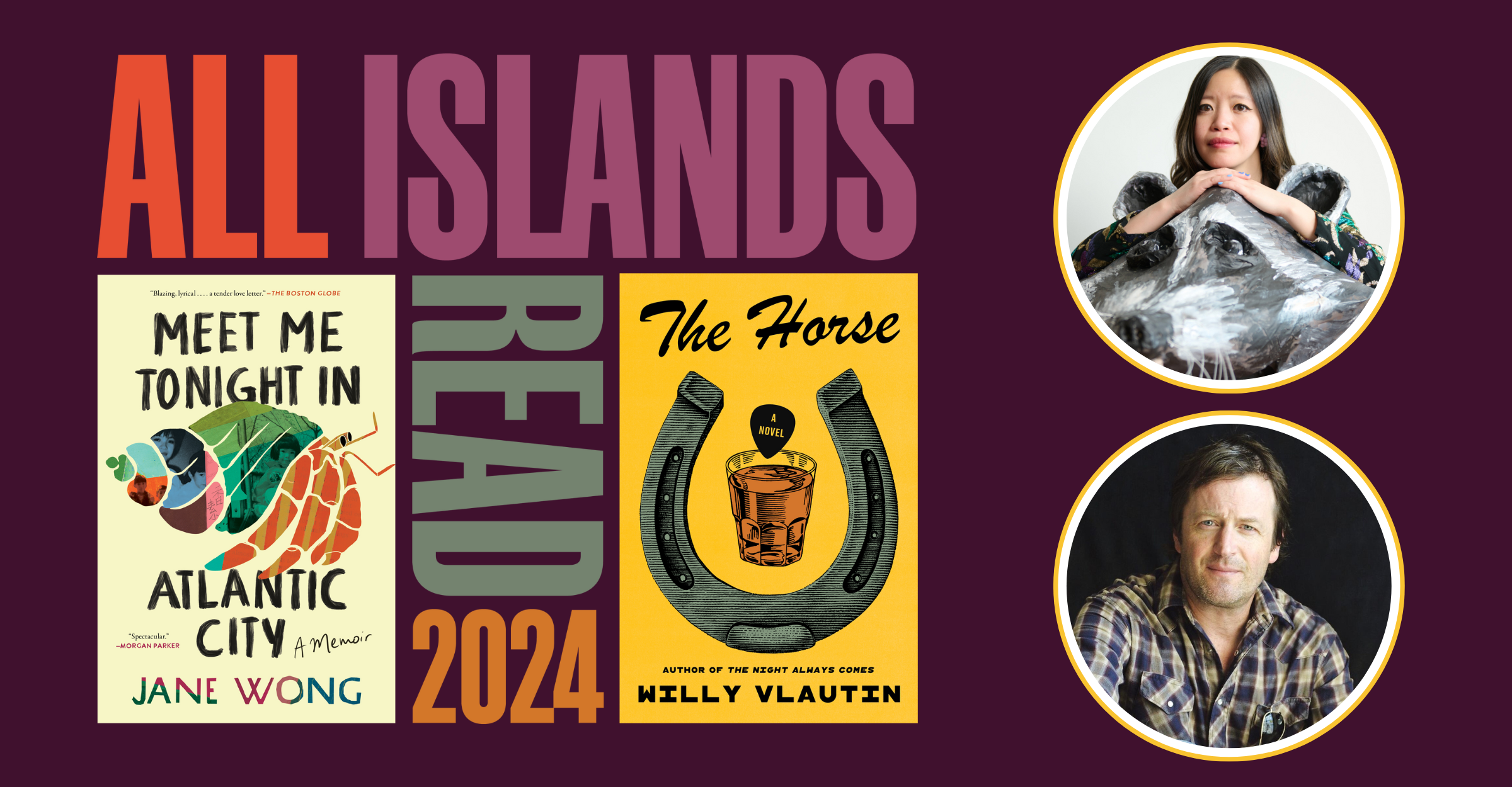 Poster of two featured reads for Orcas Island, by Jane Wong and Willy Vlautin