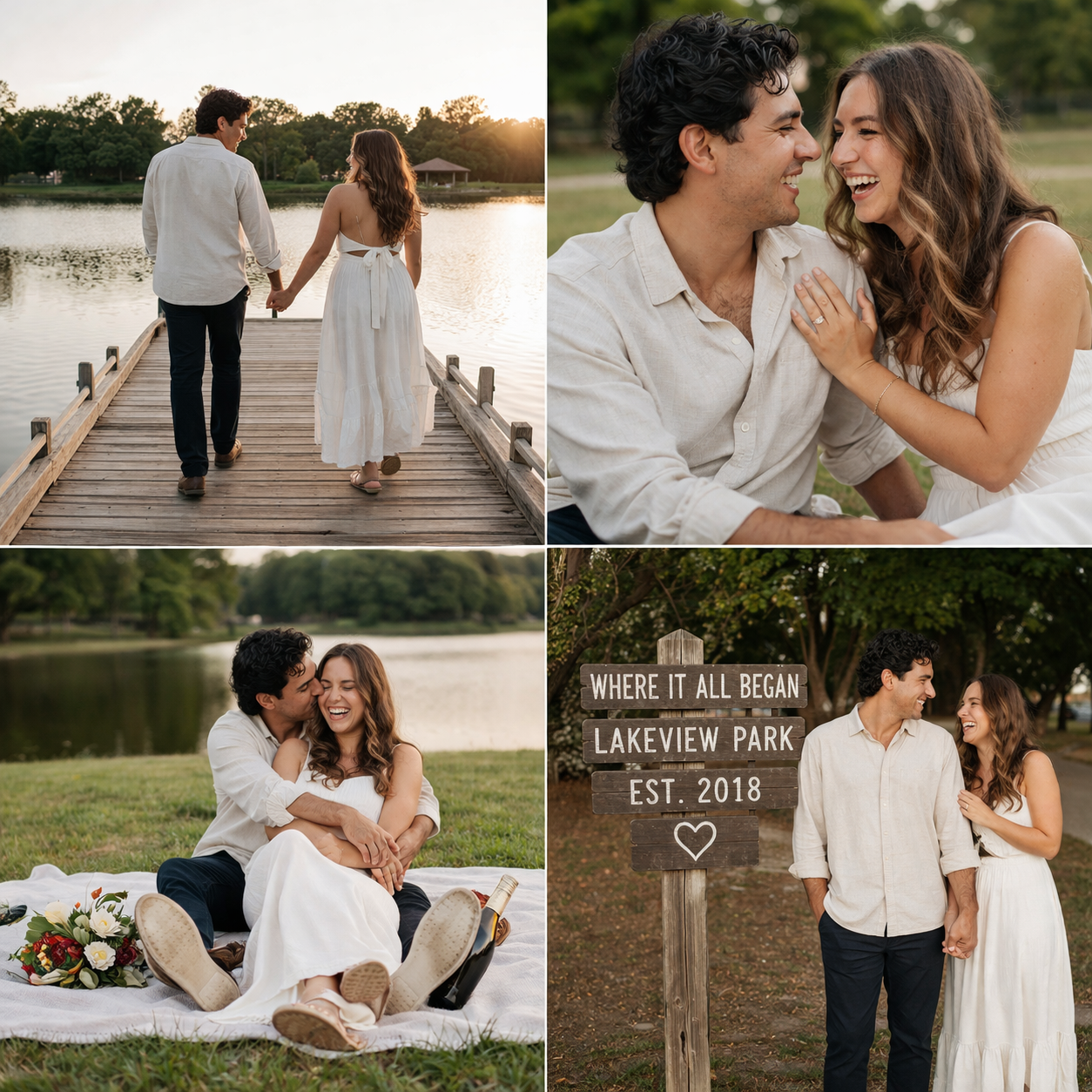 A 1:1 collage of four candid engagement photos showing a happy couple laughing, embracing, and walking together in a meaningful park setting by the water during golden hour.