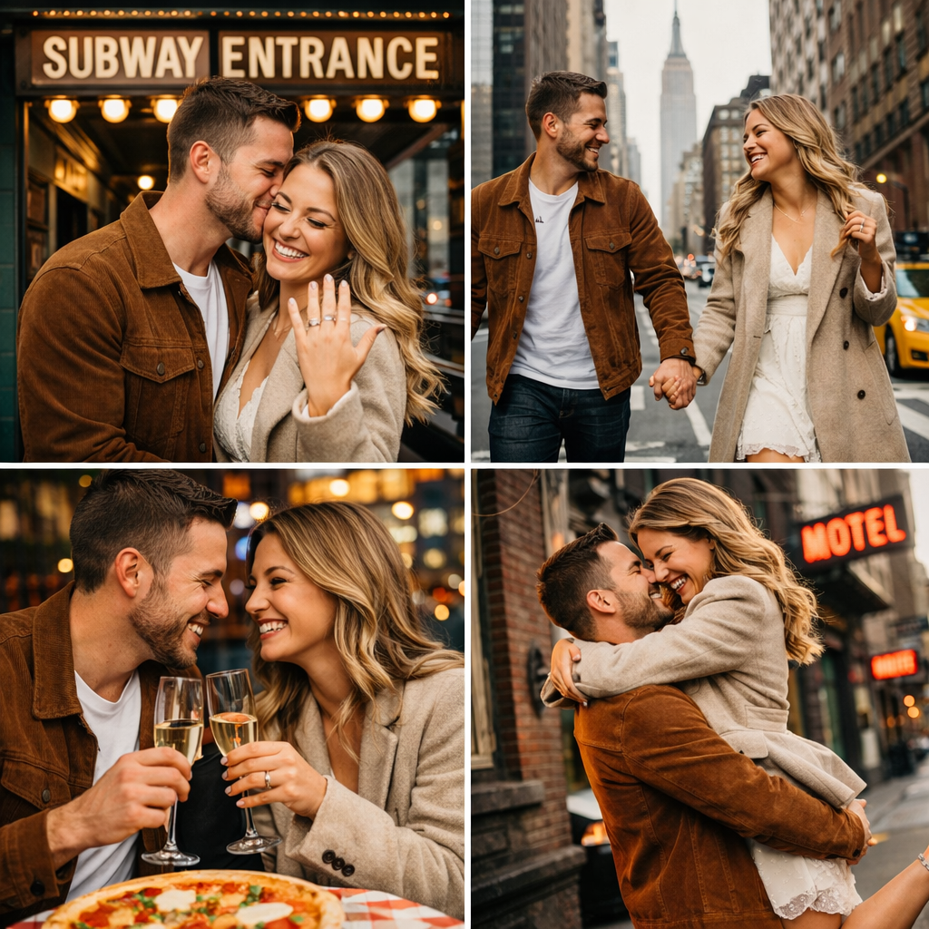 couple in A city engagement session with character.