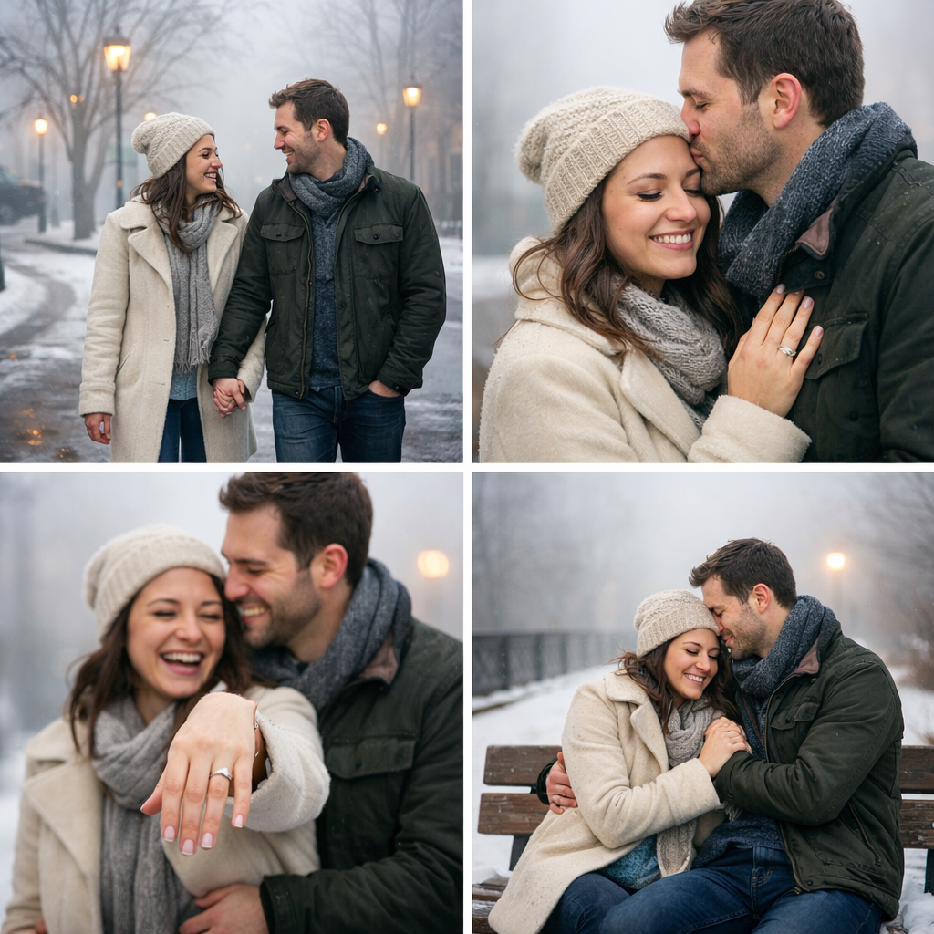Happy engaged couple sharing candid moments during a winter engagement photo session on quiet foggy streets, holding hands, laughing, and showing a ring in a romantic snowy setting.