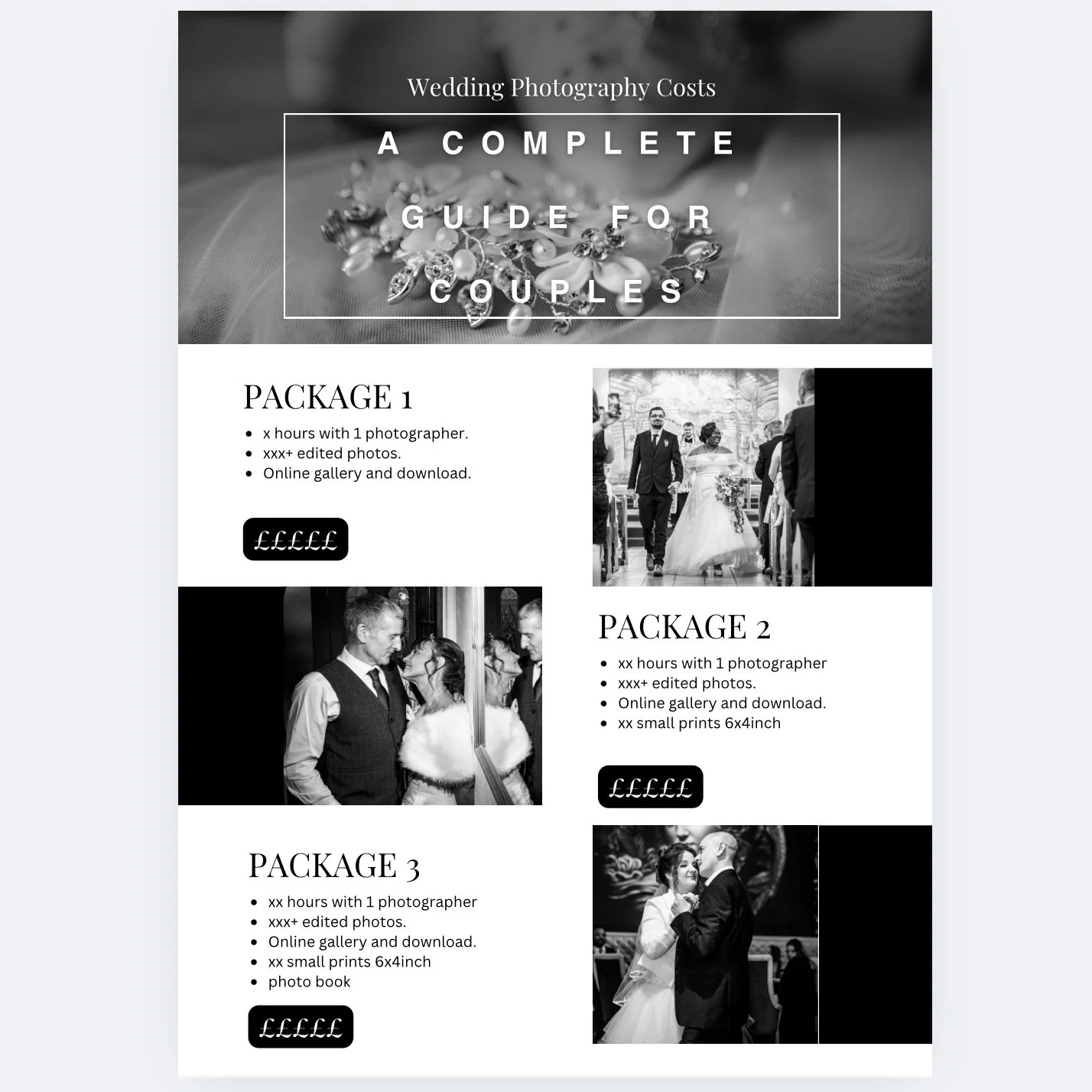 Wedding photography guide template highlighting costs and tips for capturing memorable moments on the big day.